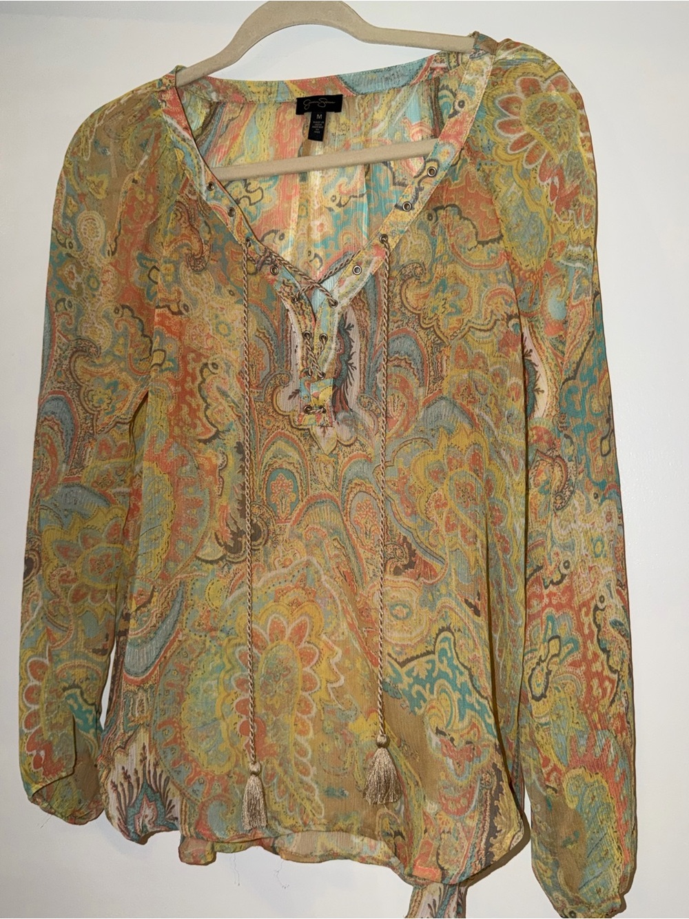 Jessica Simpson Paisley Lace-Up Peasant Blouse - Turquoise, Mustard, Coral